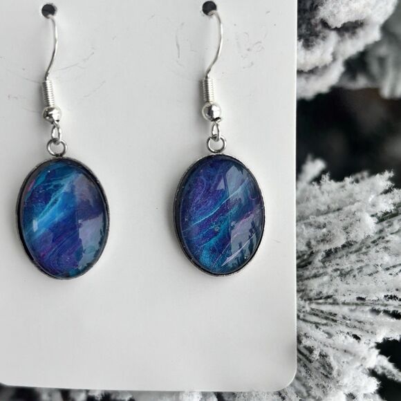 Handmade Poured Paint Oval Earrings Blue Purple Swirl Stainless Steel Artisan - Picture 2 of 4